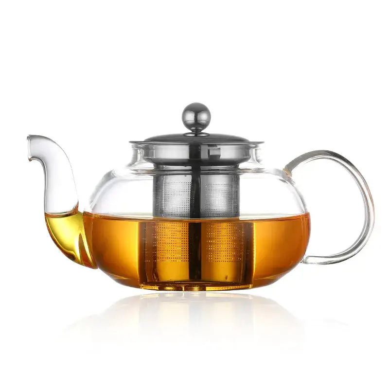 DecorBites glass teapot flower tea set with clear glass body, amber tea, and stainless steel infuser and lid