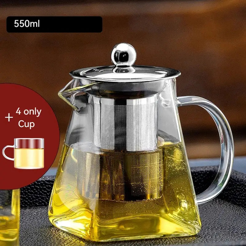 DecorBites glass teapot with stainless steel lid and built-in filter holding 550ml golden tea, high quality kungfu tea set