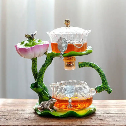 Decorbites glass teapot and lazy tea infuser set with two-tiered lotus design featuring clear glass and green resin stems