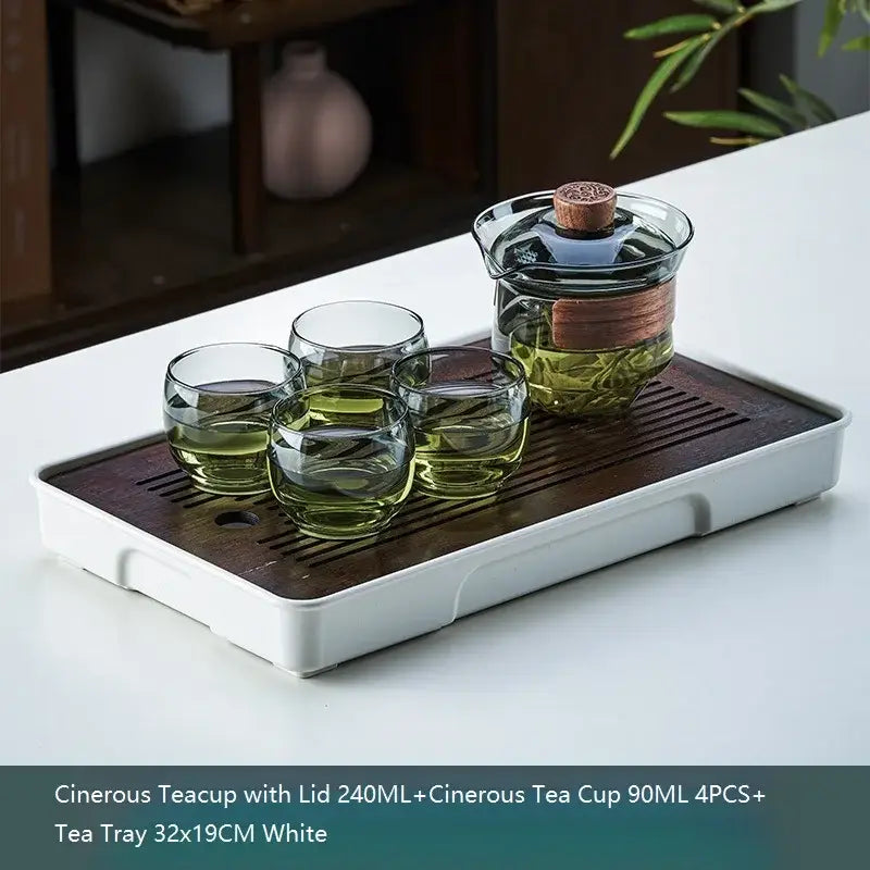 White ceramic tea tray with dark wood insert and slotted drainage for decorbites glass teapot set storage
