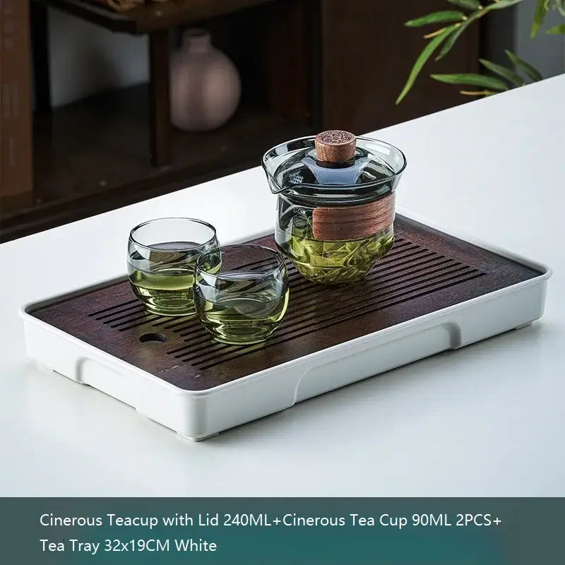 White ceramic tea tray with dark wood insert and slotted drainage for decorbites glass teapot set storage