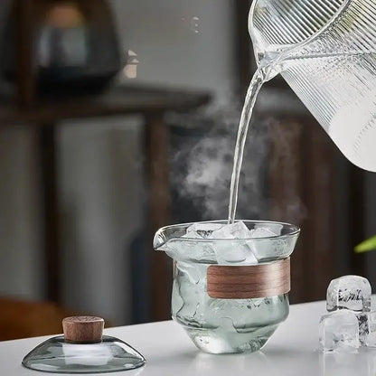 Clear glass decorbites glass teapot set with wooden band and cork lid featuring modern design for kung fu tea