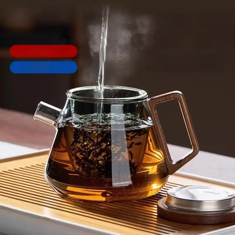 DecorBites glass teapot set with clear glass, wooden handle, steeping dark tea leaves for kung fu tea and milk rose use