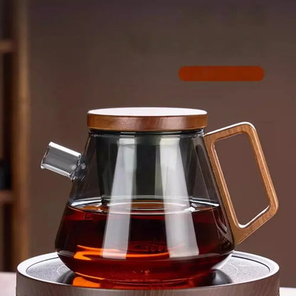 Decorbites™ glass teapot set clear with wooden lid and handle filled with dark tea for kung fu tea and milk rose