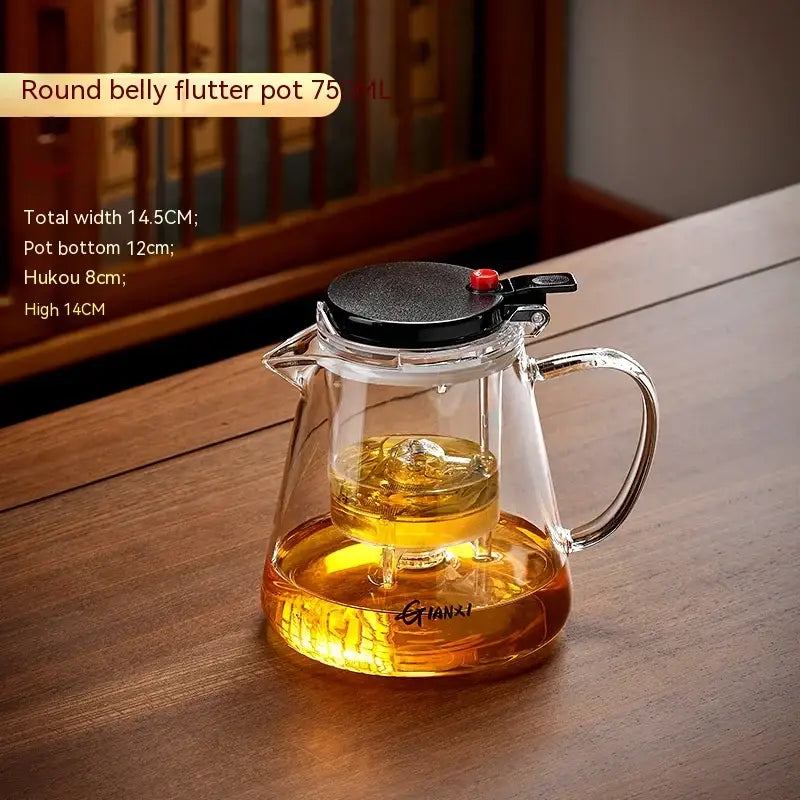 Clear glass round belly decorbites glass teapot set with black lid red knob and internal heat-resistant tea strainer