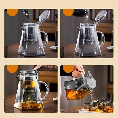 Clear glass pyramid-shaped decorbites glass teapot set with removable metal strainer and handle for brewing tea