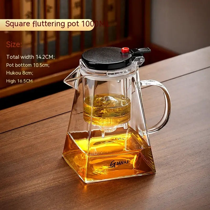 Clear glass square decorbites glass teapot set with black lid red knob and dual-chamber design for steeped tea