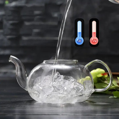 Clear glass decorbites glass teapot set with curved spout and stainless steel strainer pouring hot water over ice cubes