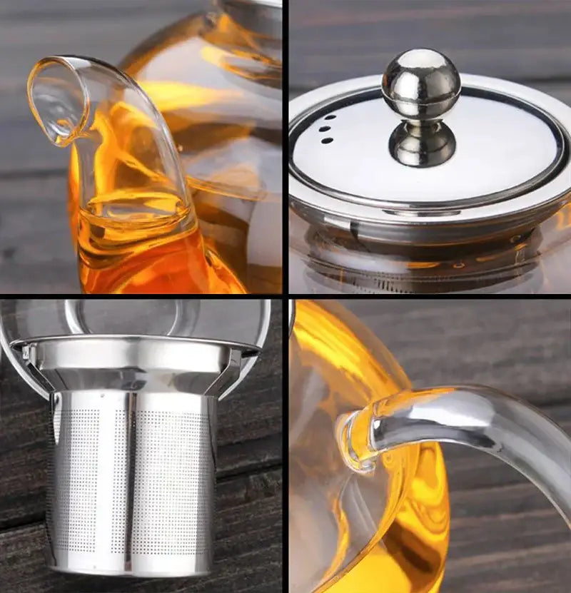 Decorbites glass teapot set featuring clear glass pot with stainless steel strainer lid heat resistant for tea and coffee