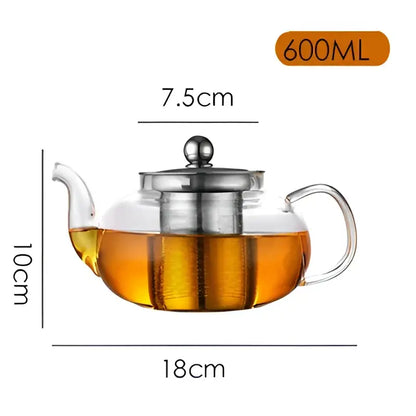 DecorBites glass teapot set featuring a clear 600ml heat resistant glass pot with stainless steel lid and strainer