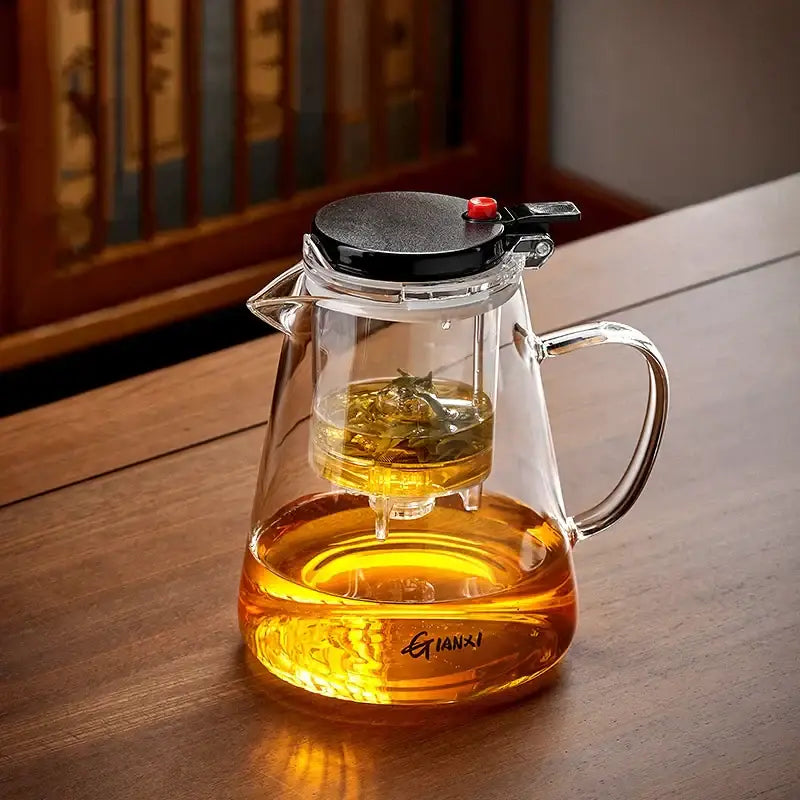 Clear glass decorbites glass teapot with black lid red knob and built-in filter for tea brewing and tea separation technology