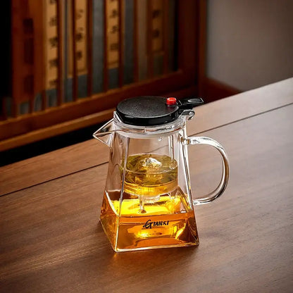 Clear glass decorbites glass teapot with black lid red knob square base and handle for efficient tea brewing