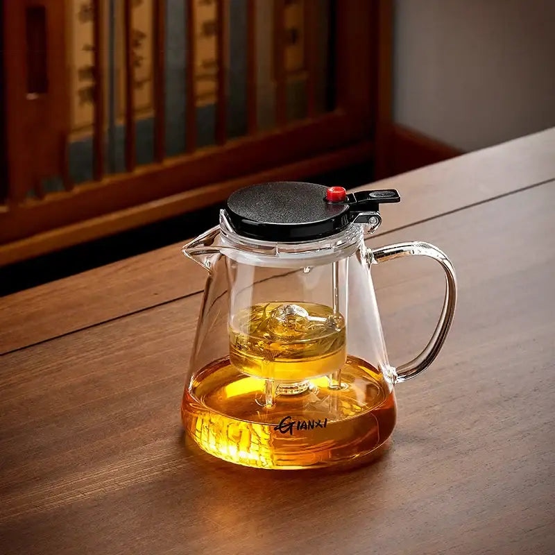 Clear glass decorbites glass teapot with black lid red knob and internal strainer for tea brewing and separation technology