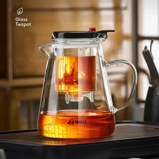 Clear glass decorbites glass teapot with black lid handle and internal infuser for efficient tea brewing and separation technology