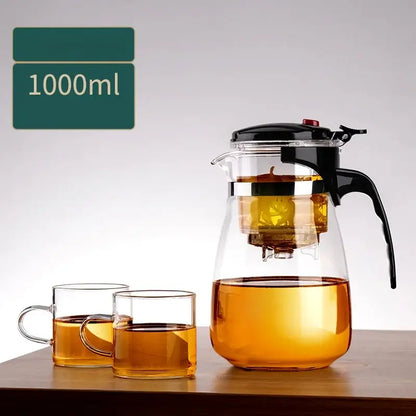 Clear glass decorbites glass teapot with black lid and handle featuring an internal infuser for loose leaf steeping