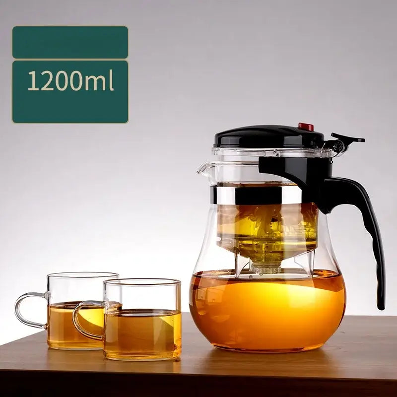 Decorbites glass teapot with black plastic lid handle and built-in filter for steeping loose leaves in clear glass