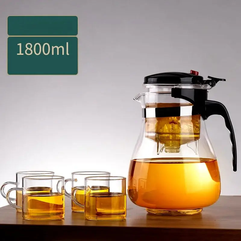 Decorbites glass teapot clear glass with black lid and handle featuring one-button filter separation for steeping leaves