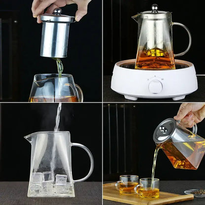 Clear glass teapot with stainless steel infuser and handle shown pouring tea into cups and over ice by decorbites