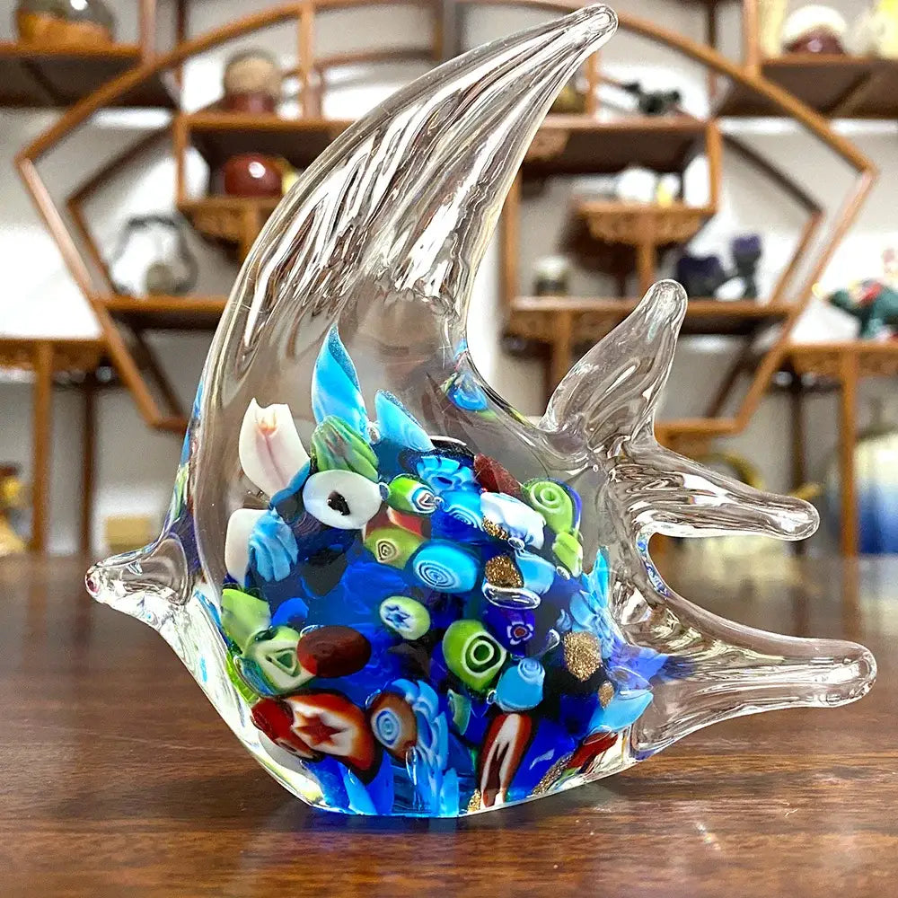 DecorBites glass tropical fish figurines feature a transparent glass sculpture filled with colorful mosaic beads