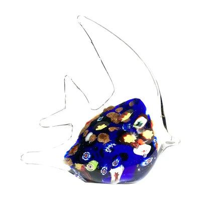 A vibrant blue DecorBites glass tropical fish figurine with intricate gold, green, red, and white floral patterns