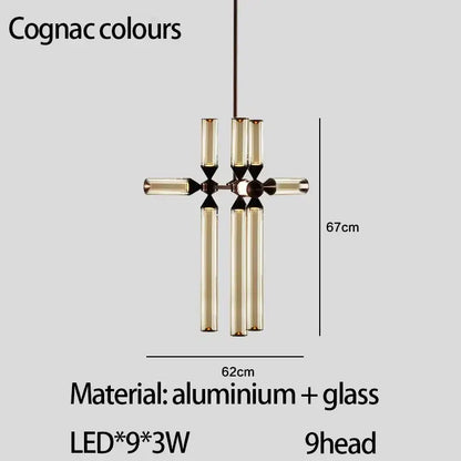 Cognac-colored decorbites glass tube chandelier with nine led glass tips in aluminum cross pendant lamp design