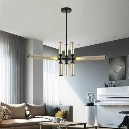 Modern black metal frame pendant lamp with gold-tinted glass tubes decorbites glass tube chandelier for living room