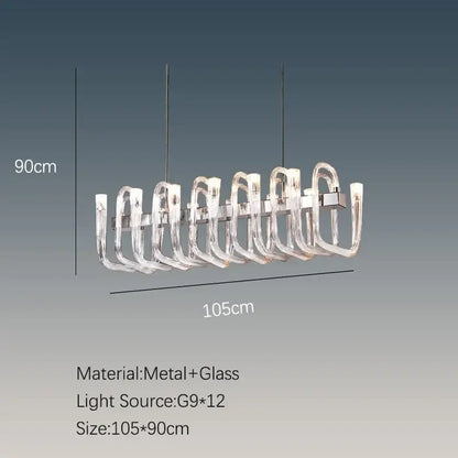 Modern decorbites glass tube dining chandelier with clear glass u-shaped arms and 12 g9 led lights in metallic frame
