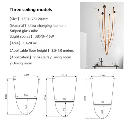 Modern minimalist DecorBites glass tube pendant lamp with copper leather straps and translucent striped glass for living room lighting