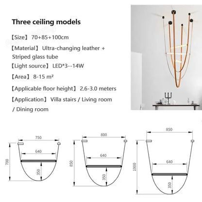 Modern minimalist decorbites glass tube pendant lamp with curved copper leather straps and striped glass tubes for living room