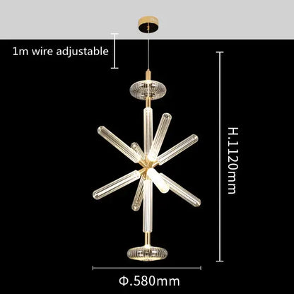 Modern starburst pendant lamp with clear glass tubes and gold-toned metal accents by DecorBites glass tubes