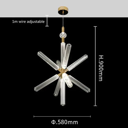 Gold-toned DecorBites glass tubes pendant lamp with clear ribbed glass arms for modern luxury lighting