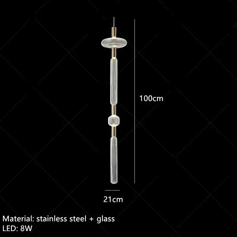 A modern 100cm decorbites glass tubes pendant lamp with clear glass tubes, brushed brass accents, and stainless steel frame