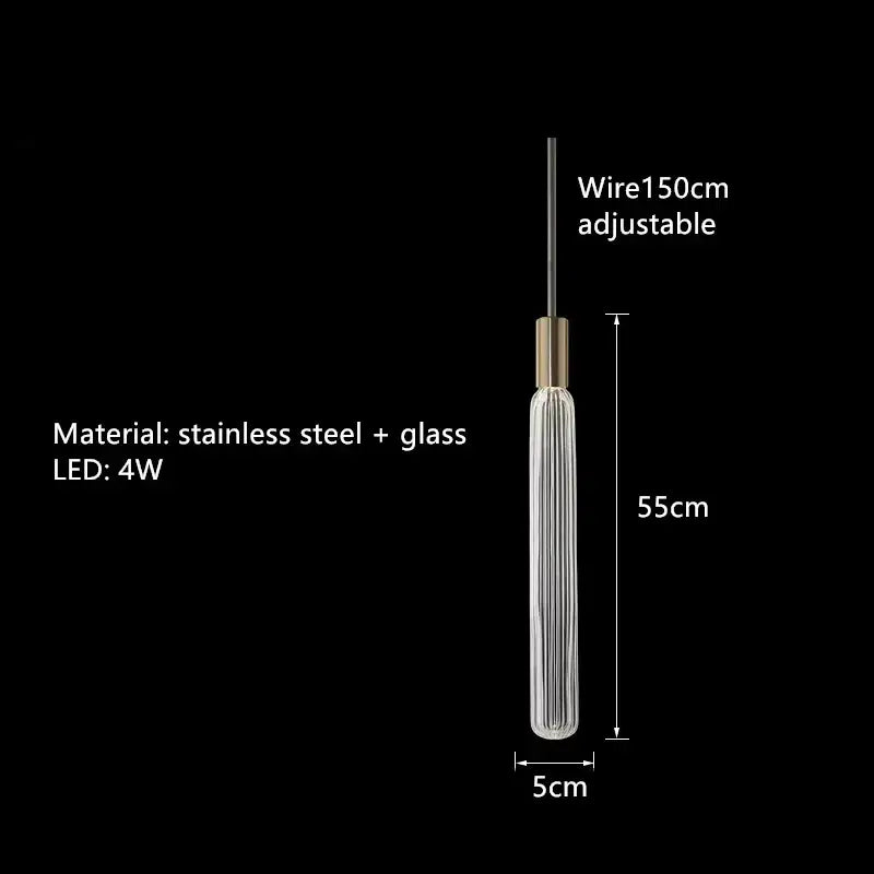 A decorbites glass tubes led chandelier with a clear ridged glass body and brass steel fixture for modern luxury lighting
