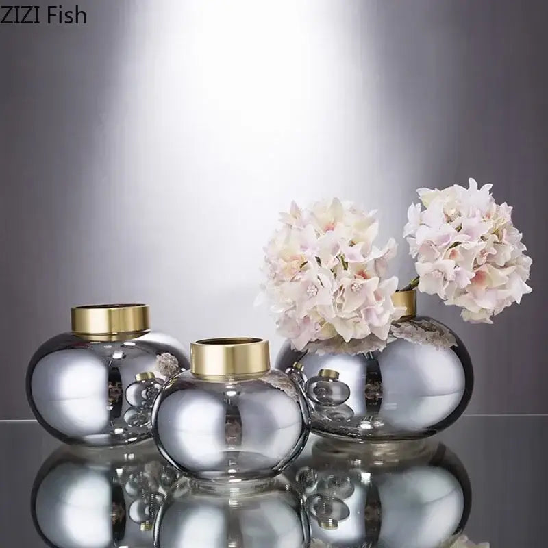 Set of three sleek mirrored glass vases with gold-toned rims decorbites glass vase desk decoration for modern room decor
