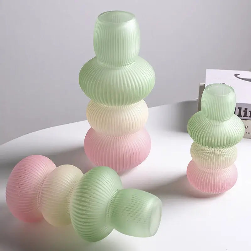 Decorbites glass vase geometric made of pastel-colored ribbed glass in stacked tiered designs with geometric gradient hues