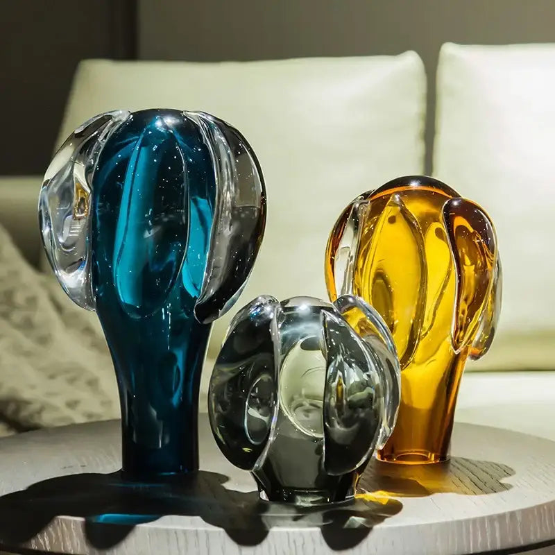 Decorbites glass vase hot air featuring three translucent glass cactus sculptures in blue amber and clear hues