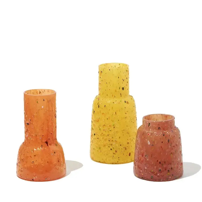 Set of three decorbites glass vase hydroponic terrarium in terrazzo pattern with warm orange yellow and rust hues