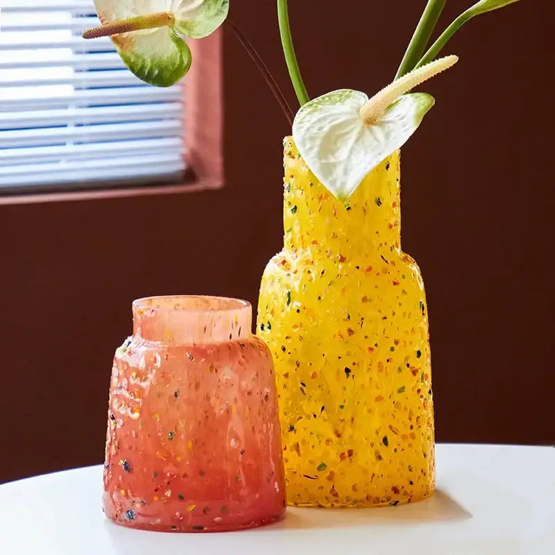 Yellow speckled decorbites glass vase with white anthurium flowers for glass vase hydroponic terrarium decoration