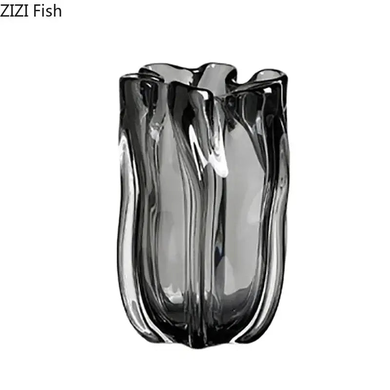 DecorBites glass vase hydroponics desk decoration with 29cm translucent gray glass and wavy sculpted design
