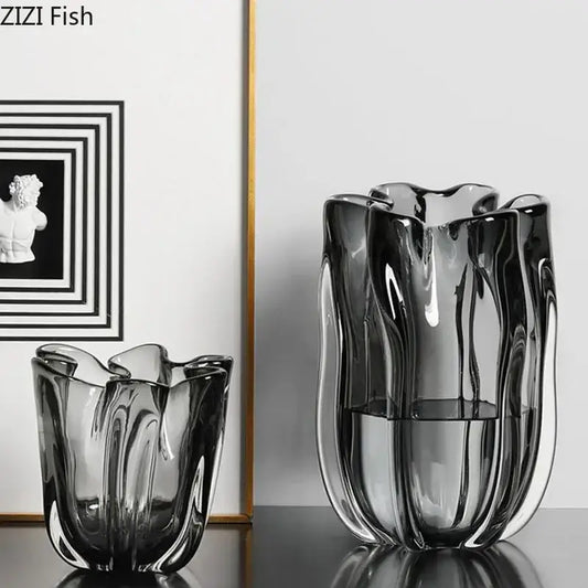 Two translucent gray decorbites glass vases with tulip-like ruffled design for glass vase hydroponics desk decor