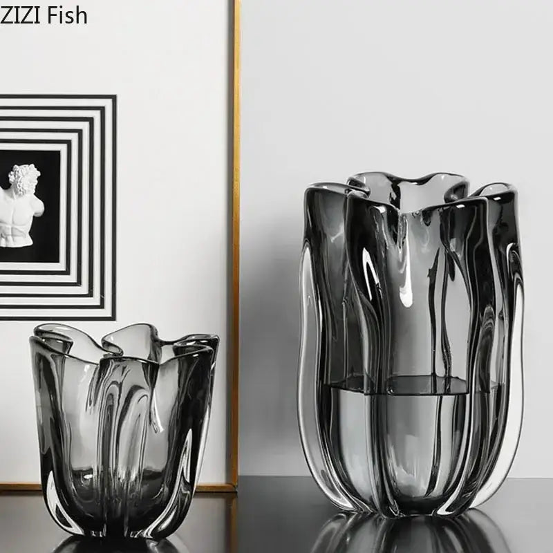 Two translucent gray decorbites glass vases with tulip-like ruffled design for glass vase hydroponics desk decor