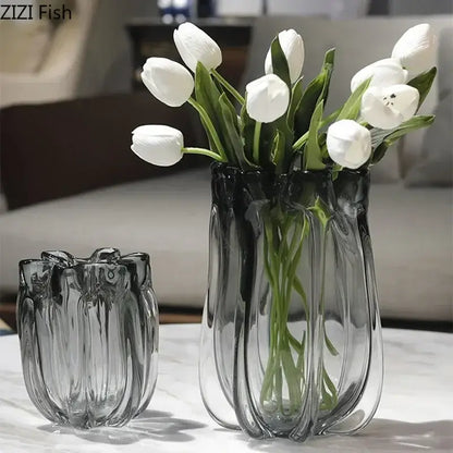 DecorBites glass vase hydroponics desk decoration dark gray glass vase with fluted design holding white tulips