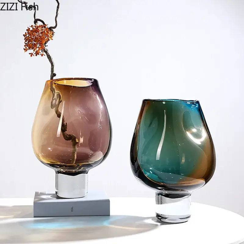 Decorbites glass vase hydroponics plant pots with amber to deep purple and teal to brown gradient glass vases with metal bases