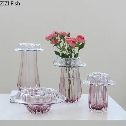 Decorbites glass vase hydroponics with clear glass and pink tinted fluted rims for table flower arrangement decor