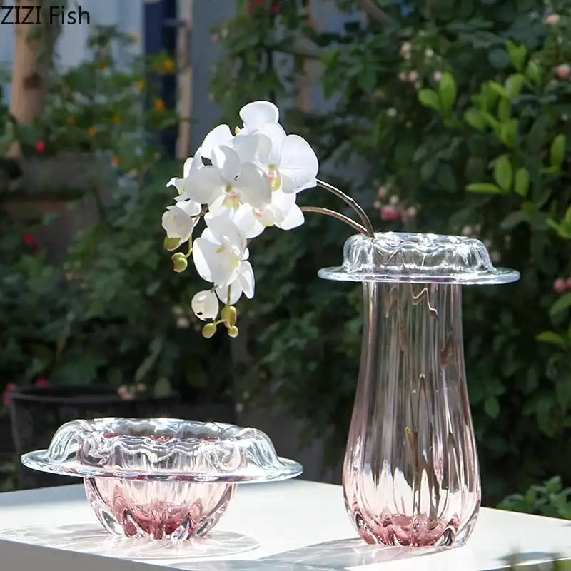 Decorbites glass vase clear glass with fluted petal rim and ribbed texture for glass vase hydroponics table decor