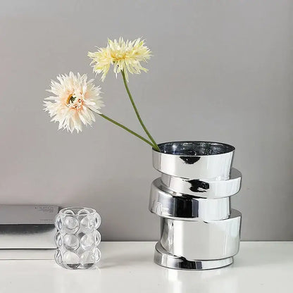 Stacked chrome metallic decorbites glass vase with twist shape modern tiered design for hydroponics terrarium decoration