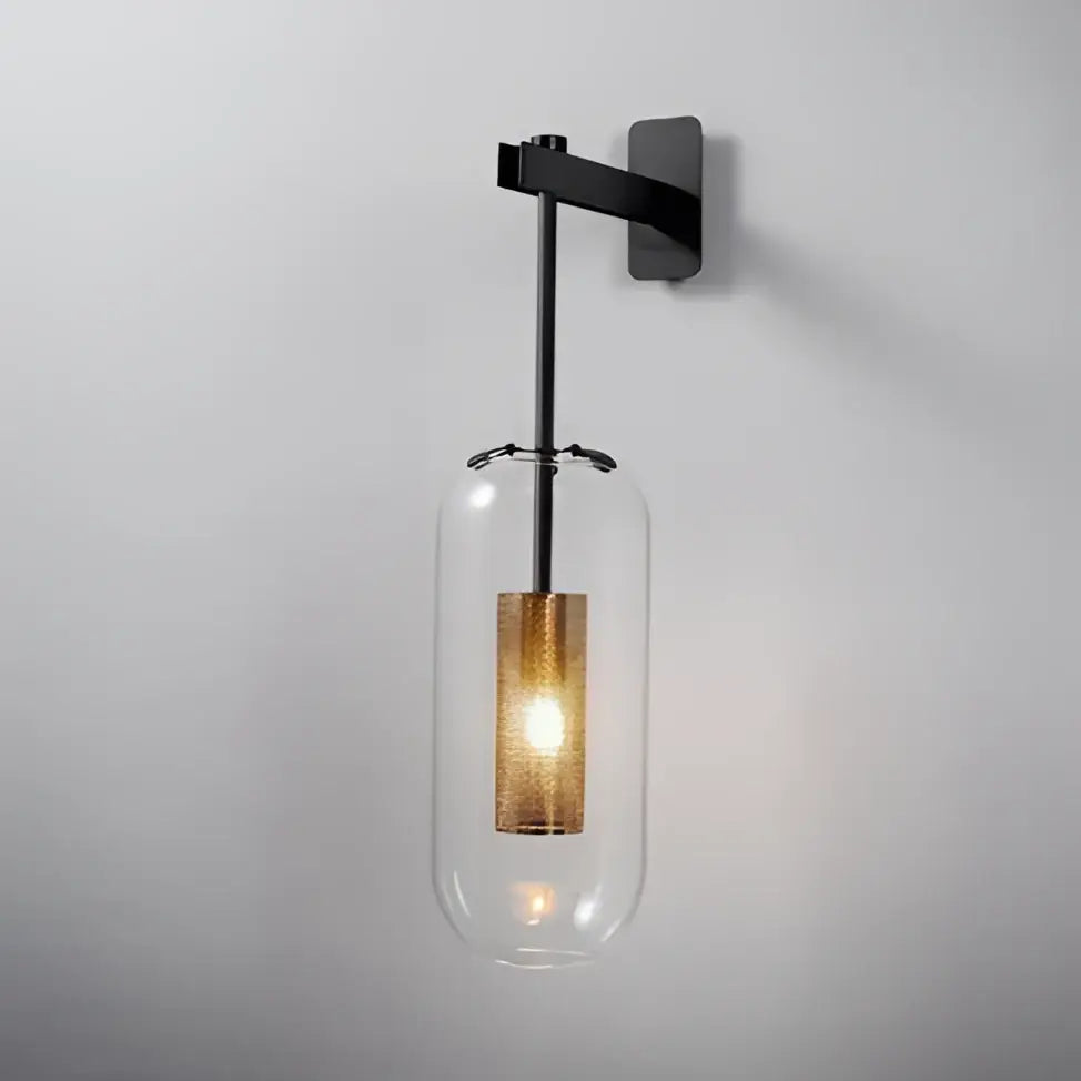 DecorBites™ black metal glass wall art light with clear glass cylinder and illuminated gold mesh shade for modern loft decor