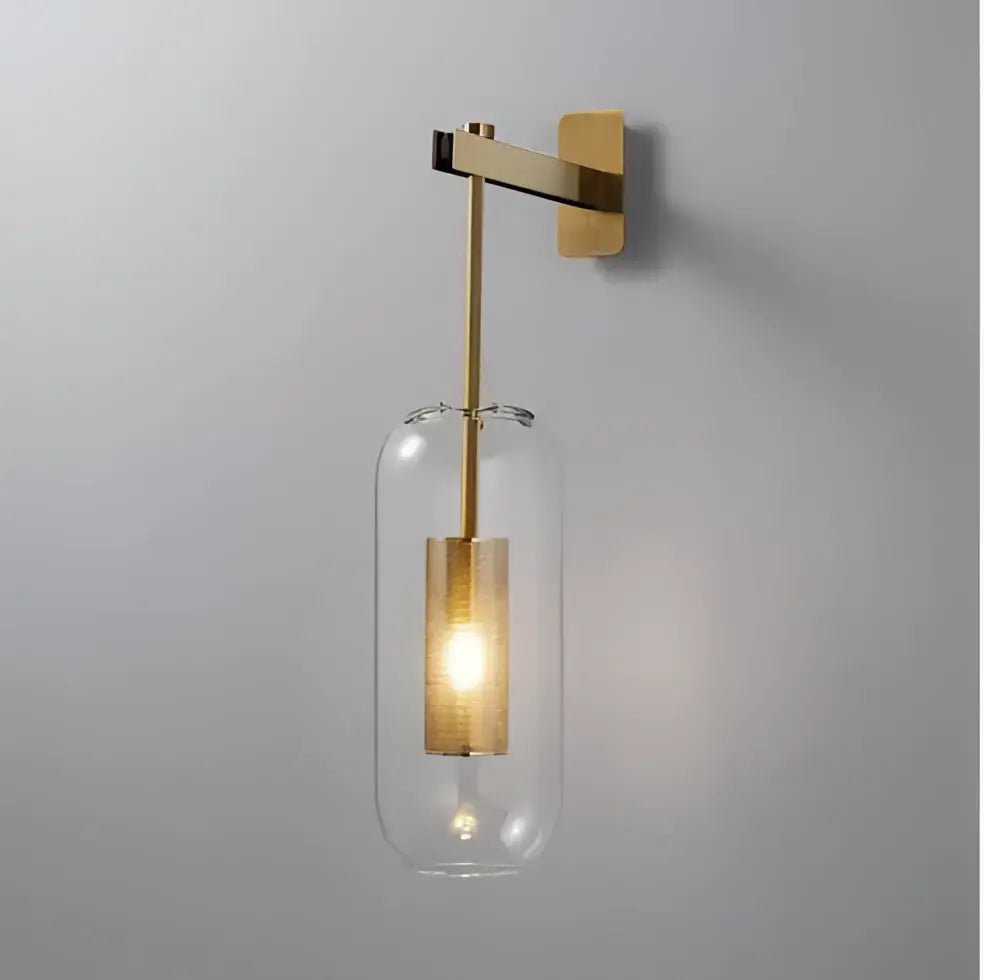 Decorbites glass wall art light with gold-toned brass shade and clear glass cylinder for modern loft decor