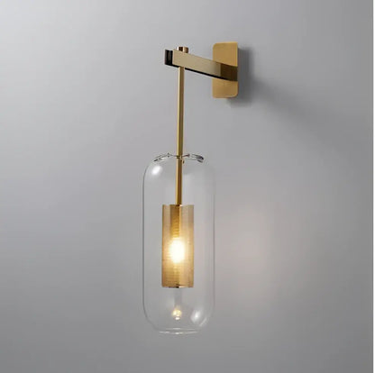 Decorbites glass wall art light with gold-toned brass shade and clear glass cylinder for modern loft decor