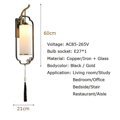 Elegant black and gold copper-iron decorbites glass wall lamp with frosted glass shade and tassel for living room and bedroom